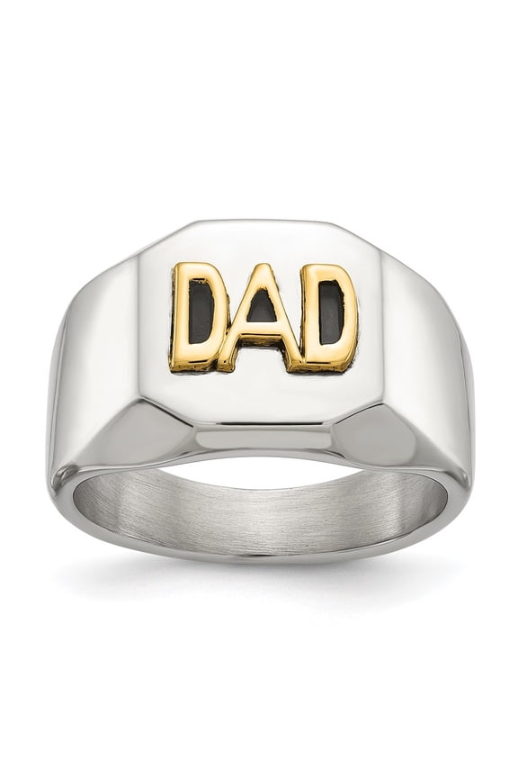 Fine Jewelry Stainless Steel Polished with 14K Gold Accent DAD with Black Enamel Signet Ring Size 10