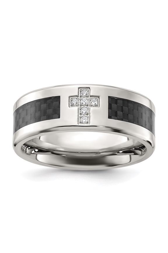 Fine Jewelry Stainless Steel Polished with Black Carbon Fiber Inlay CZ Cross 8mm Band Size 12.5