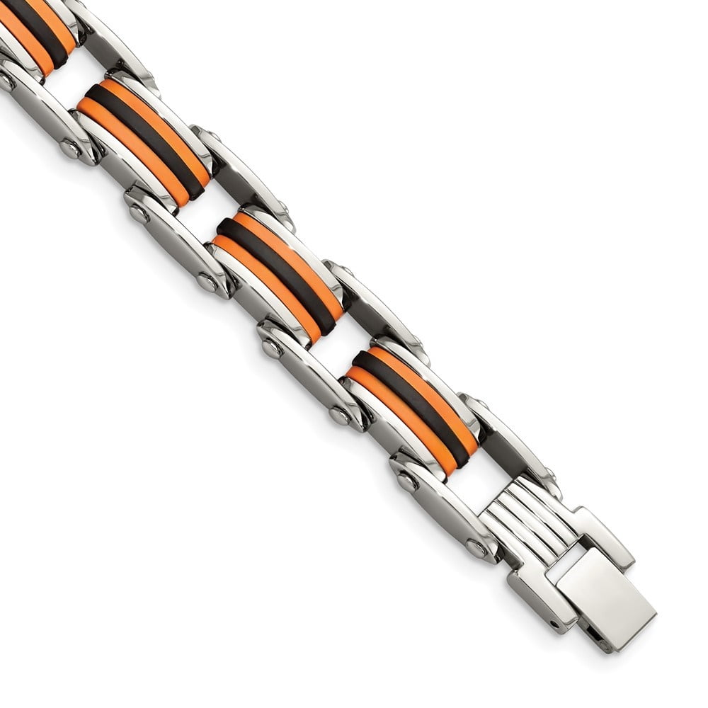 Auriga Fine Jewelry Stainless Steel Polished with Black and Orange Polyurethane 8.75 inch Link Men's Bracelet