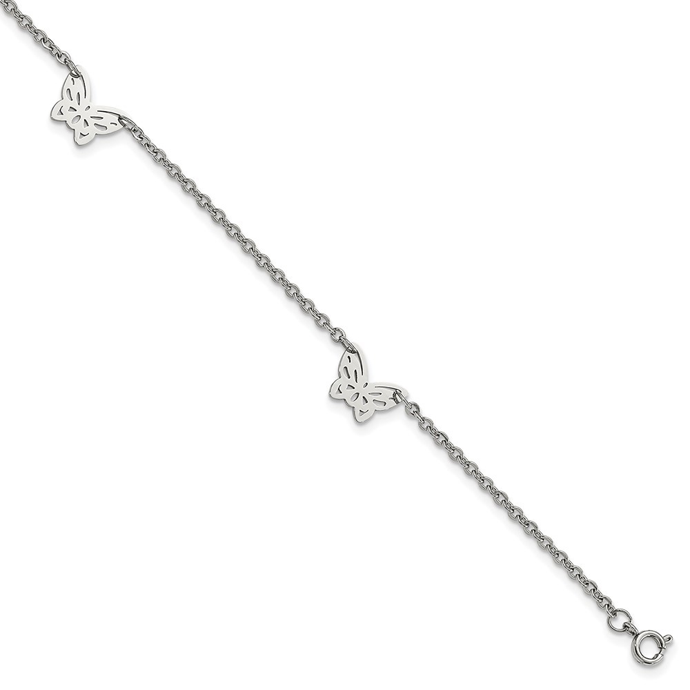 Auriga Fine Jewelry Stainless Steel Polished with Butterfly Charms 9.5 inch Anklet Plus 1 inch Extension for Women