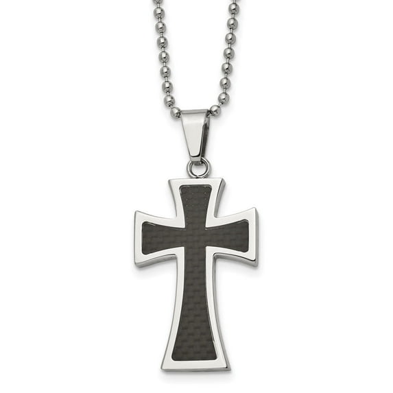 Auriga Fine Jewelry Stainless Steel Polished with Carbon Fiber Inlay Cross Pendant on a Ball Chain Necklace for Mens 22"