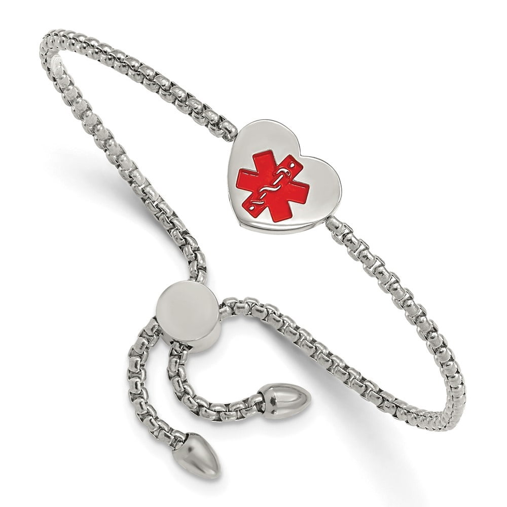 Auriga Fine Jewelry Stainless Steel Polished with Red Enamel Heart Medical ID Adjustable Bracelet for Men