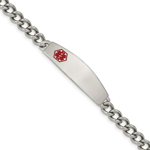 Auriga Fine Jewelry Stainless Steel Polished with Red Enamel Medical ID 8.5 inch Curb Chain Men's Bracelet