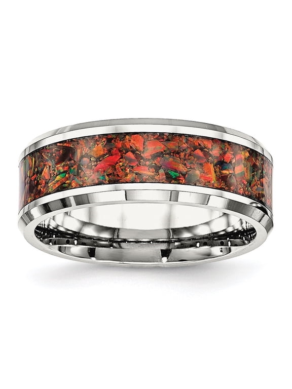 Fine Jewelry Stainless Steel Polished with Red Imitation Opal Inlay 8 mm Band for Men Size 9