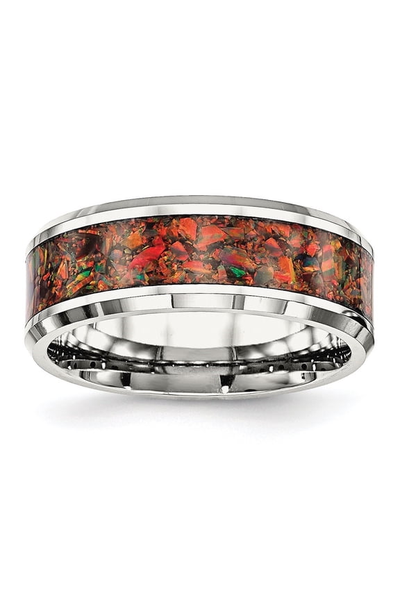 Fine Jewelry Stainless Steel Polished with Red Imitation Opal Inlay 8 mm Band for Men Size 9