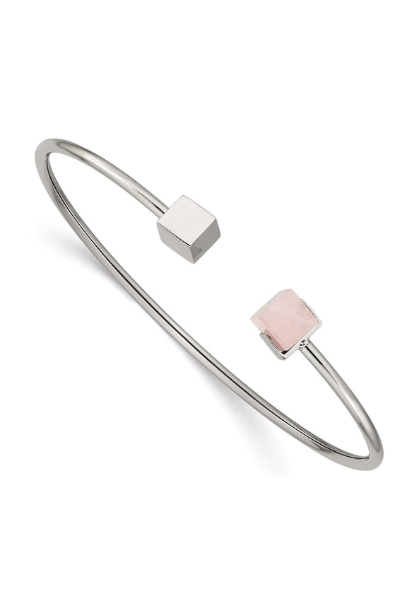Fine Jewelry Stainless Steel Polished with Rose Quartz Flexible Cuff Bangle for Women
