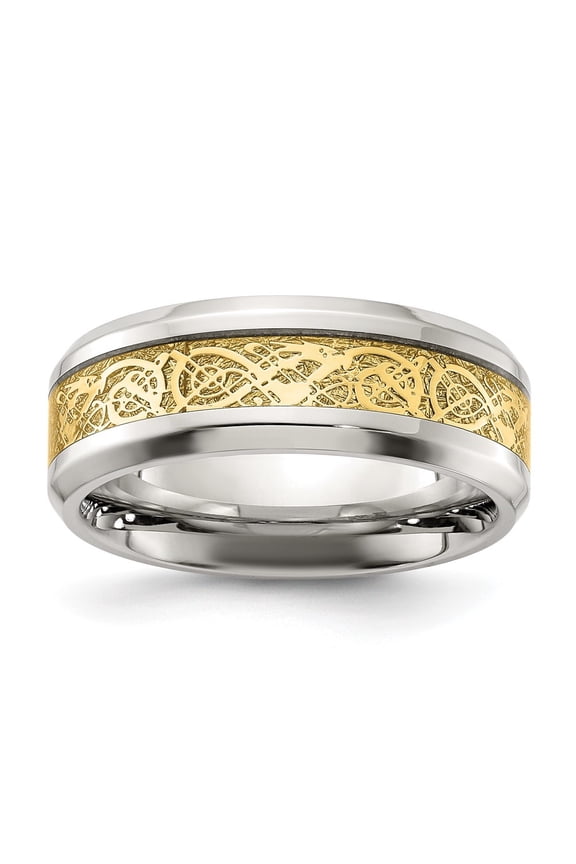 Fine Jewelry Stainless Steel Polished with Yellow IP-plated Inlay Design 8mm Men's Band Size 12.5