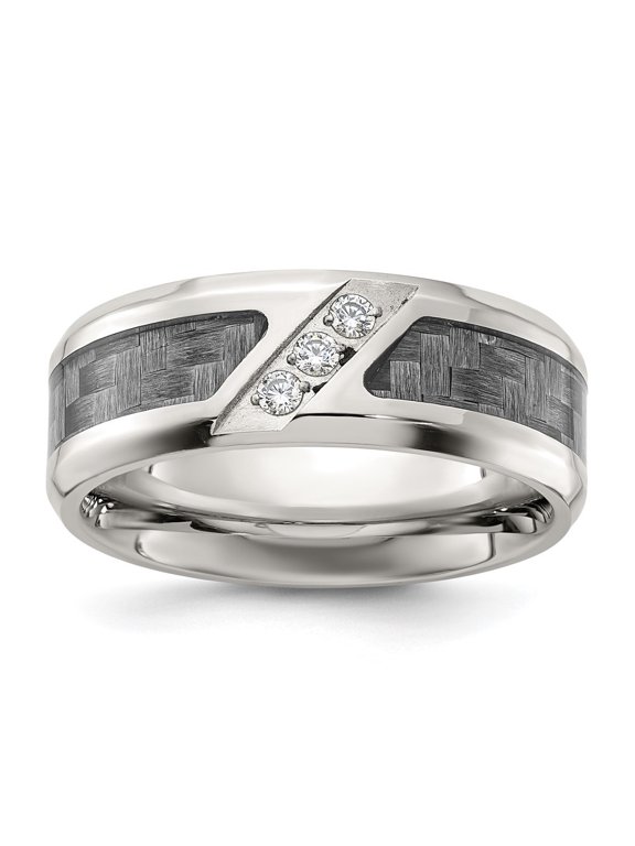 Fine Jewelry Stainless Steel Polsihed with Gray Carbon Fiber Inlay and CZ 8mm Men's Band Size 10