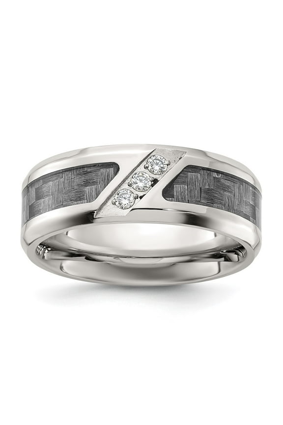 Fine Jewelry Stainless Steel Polsihed with Gray Carbon Fiber Inlay and CZ 8mm Men's Band Size 9.5
