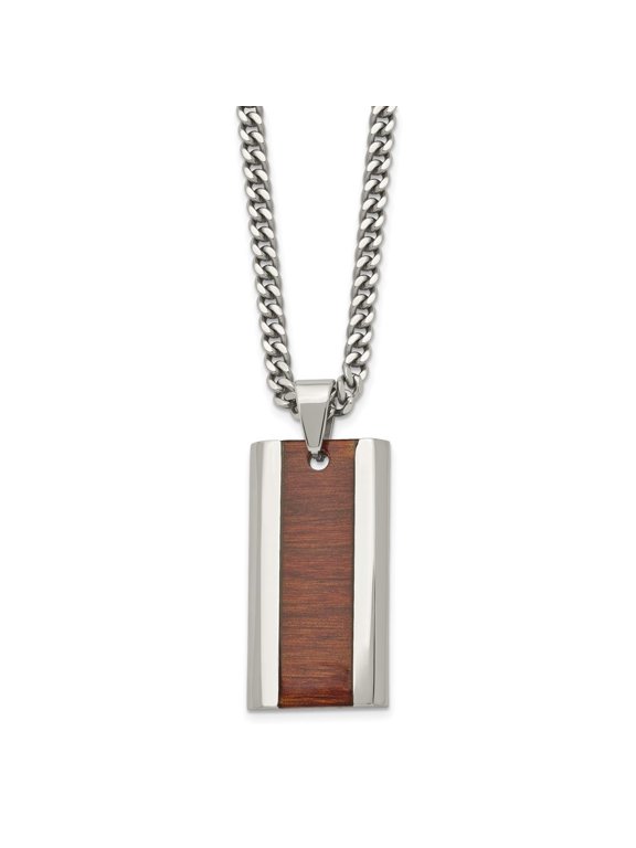 Fine Jewelry Stainless Steel Red/Orange Koa Wood Inlay Enameled Pendant on a Curb Chain Necklace for Men 20"