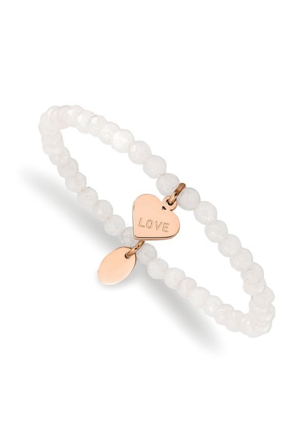 Stainless Steel Rose IP-plated LOVE Heart 4mm Jade Beaded Stretch Bracelet for Women