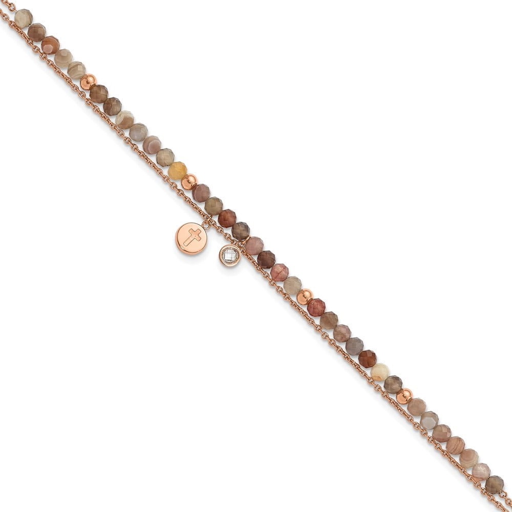 Auriga Fine Jewelry Stainless Steel Rose IP-plated with Crystal and Imitation Sardonyx Cross 9 inch with 2" Ext. Anklet for Women