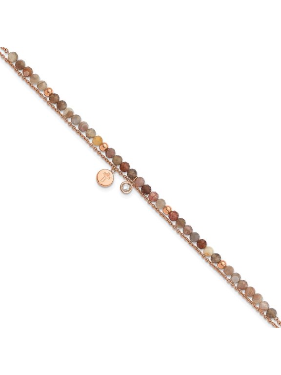 Fine Jewelry Stainless Steel Rose IP-plated with Crystal and Imitation Sardonyx Cross 9 inch with 2" Ext. Anklet for Women