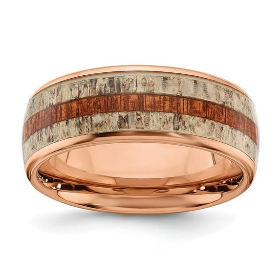 Auriga Fine Jewelry Stainless Steel Rose IP-plated with Wood and Antler Inlay 8mm Men's Band Size 11.5