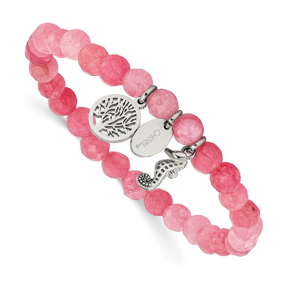 Auriga Mother's Day Gift Stainless Steel Seahorse and Tree of Life Dangles 6mm Pink Jade Beaded 6.25 " Stretch Bracelet for Women