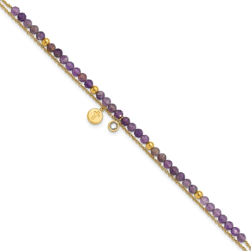 Auriga Fine Jewelry Stainless Steel Yellow IP-plated Amethyst and Crystal Cross 9 inch with 2" Ext. Anklet for Women