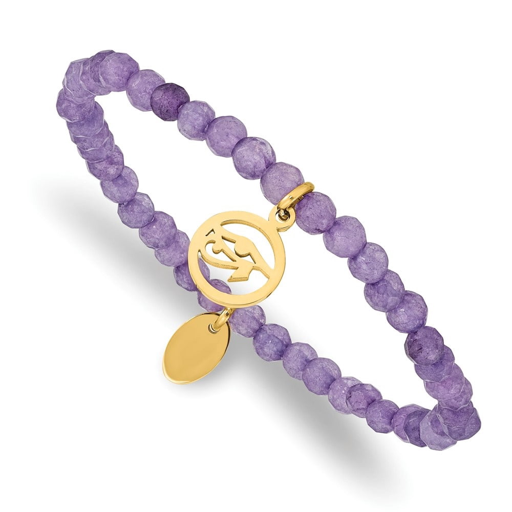 Auriga Mother's Day Gift Stainless Steel Yellow IP-plated Eye of Horus 4mm Purple Jade Beaded Stretch Bracelet for Women