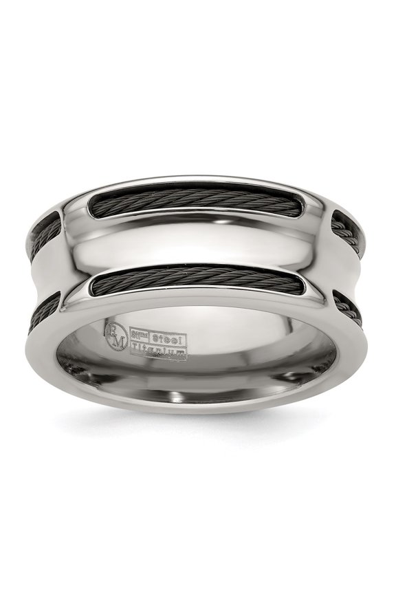 Fine Jewelry Stainless Steel and Black Ti Cable Edge Concave 10mm Men's Band Size 12.5