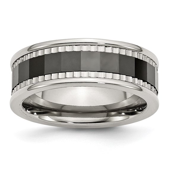 Auriga Fine Jewelry Stainless Steel w/Sawtooth Accent/Black Ceramic Center Faceted Band for Women Size 8
