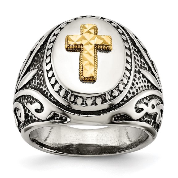 Auriga Fine Jewelry Stainless Steel with 14K Gold Accent Antiqued and Polished Cross Men's Ring Size 9