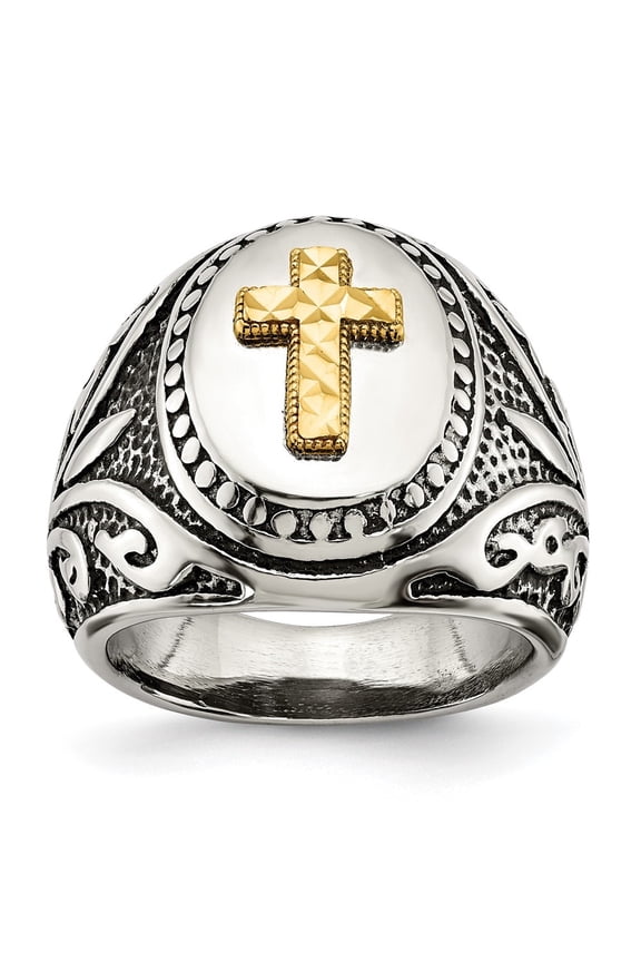 Fine Jewelry Stainless Steel with 14K Gold Accent Antiqued and Polished Cross Men's Ring Size 9