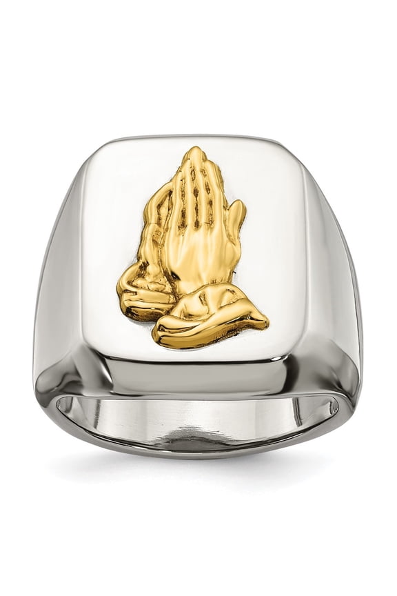 Fine Jewelry Stainless Steel with 14K Gold Accent Polished Praying Hands Men's Ring Size 10