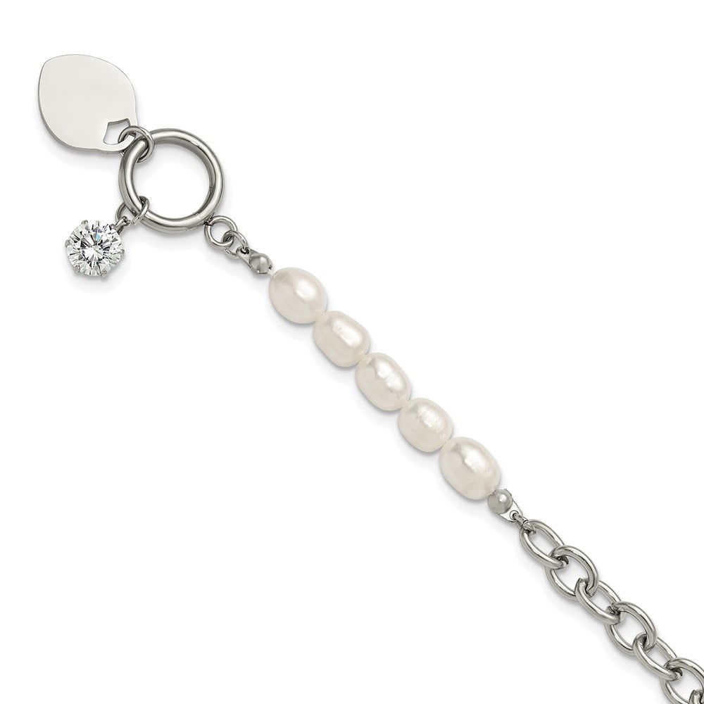 Auriga Fine Jewelry Stainless Steel with Half White FWC Pearl and CZ Heart Dangle 8.25" Bracelet for Men