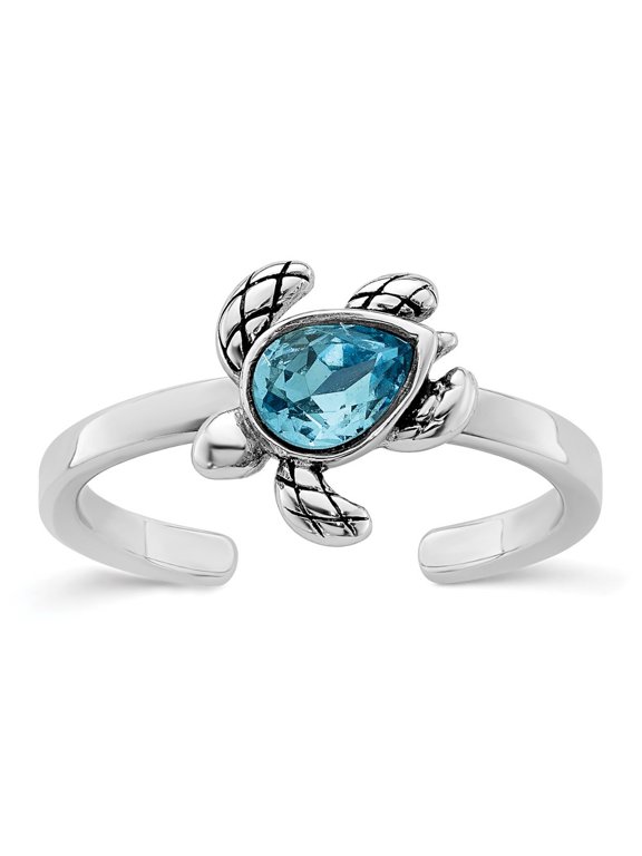Fine Jewelry Sterling Silver Antiqued Adjustable Turtle Crystal Inlay Ring for Women Size 6