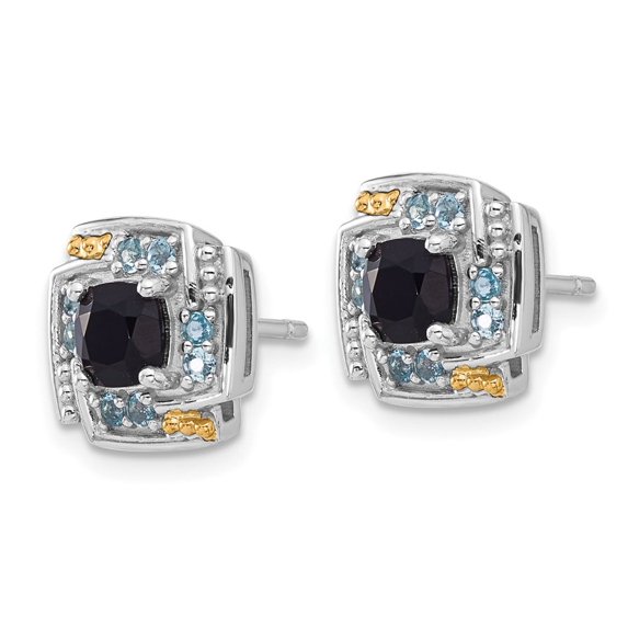 Auriga Fine Jewelry Sterling Silver with 14K Gold Onyx and Swiss Blue Topaz Stud Earrings for Women