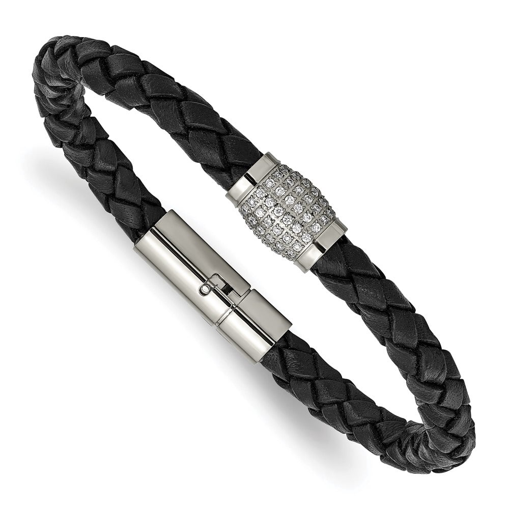 Auriga Fine Jewelry Titanium 7.5" Polished with CZ Black Leather Bracelet for Men