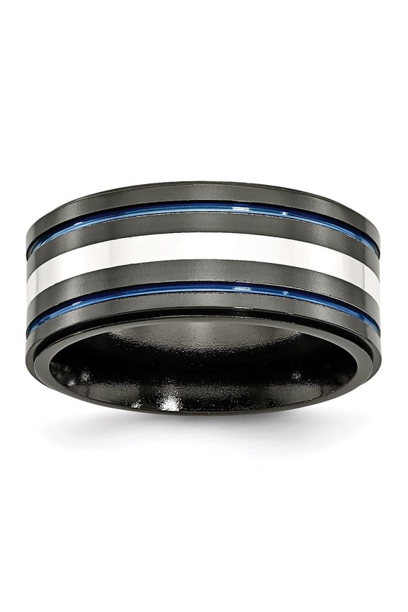 Fine Jewelry Titanium Black Ti/Sterling Silver Inlay Blue Anodized 10mm Men's Band Size 9