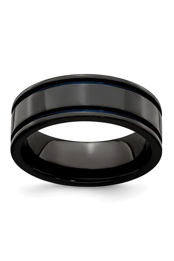 Fine Jewelry Titanium Black Ti with Blue Anodized Grooves Flat 8mm Men's Band Size 10