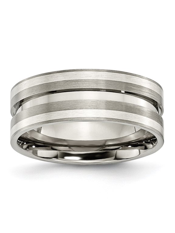 Fine Jewelry Titanium Brushed w/Sterling Silver Inlay 8mm Grooved Men's Band Size 8.5