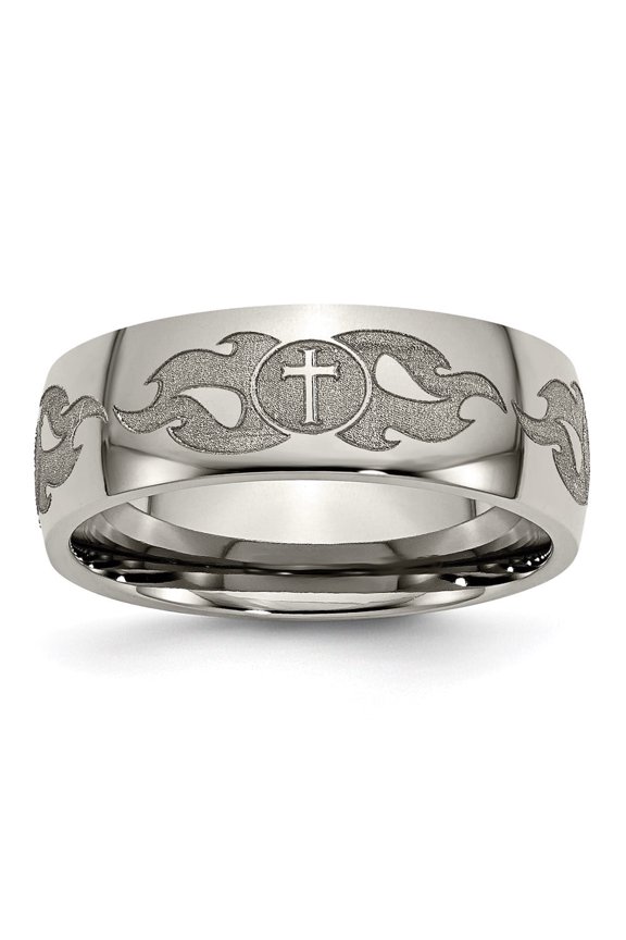 Fine Jewelry Titanium Polished Cross with Flames Laser Design 8mm Men's Band Size 11