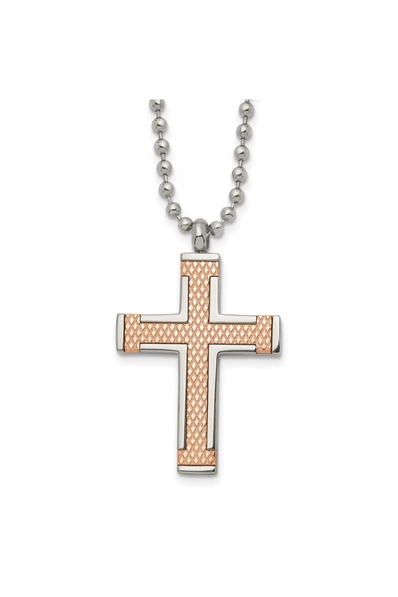 Fine Jewelry Titanium Polished Rose IP-plated Laser Cut Cross Necklace for Men 22"