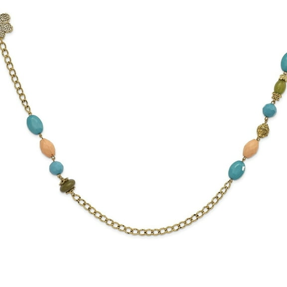 Auriga Fine Jewelry Gold-tone Link Filigree Floral and Pattern with Teal Green and Cream Acrylic Beads Necklace for Women