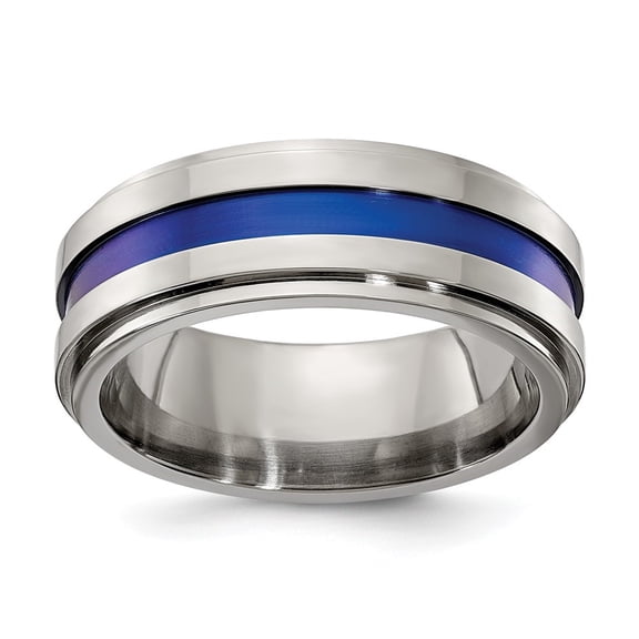 Auriga Gray Titanium with Blue Anodized Stripe Flat Grooved Step Edge 8mm Band Size 7