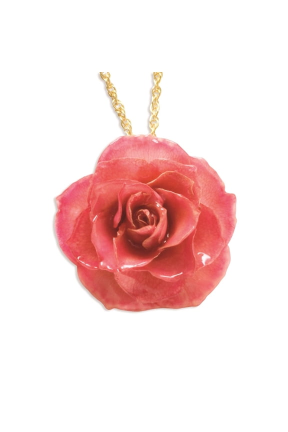 Lacquer Dipped Pink Real Rose with Gold-tone Necklace for Women 20"
