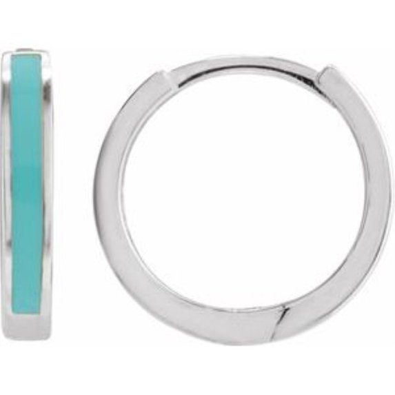 Auriga 14k White Gold Turquoise Enamel Hinged 12.1 mm Hoop Earrings for Women