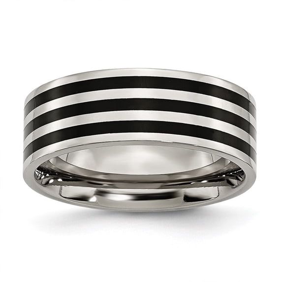 Auriga Fine Jewelry Stainless Steel 8 mm Black IP-plated Striped Polished Band for Women Size 12.5