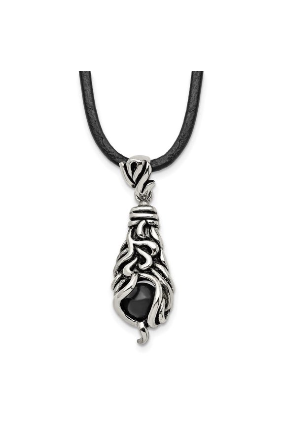 Fine Jewelry Stainless Steel Antiqued Polished and Textured Moveable Black Agate Pendant on a Leather Cord Necklace for Men 20"