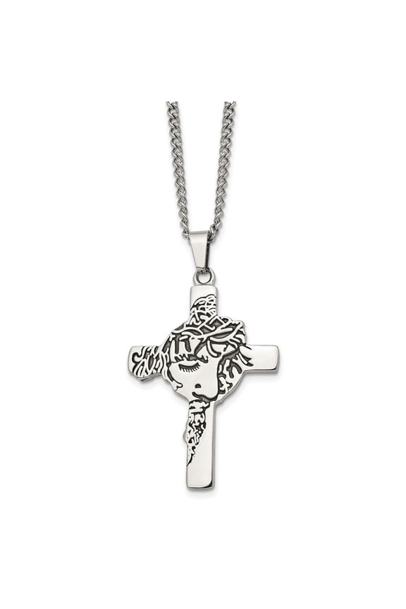 Fine Jewelry Stainless Steel Antiqued and Polished Jesus Face Cross Pendant on a Curb Chain Necklace for Men 24"
