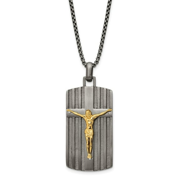 Auriga Stainless Steel Brushed Yellow IP-plated Crucifix Dogtag on a Box Chain Necklace for Mens 24"