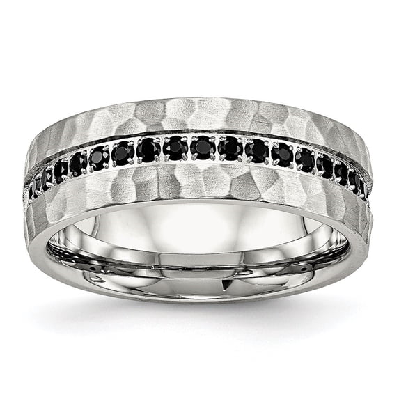 Auriga Stainless Steel Brushed and Hammered with Black CZ 7.5 mm Band for Women Size 7.5