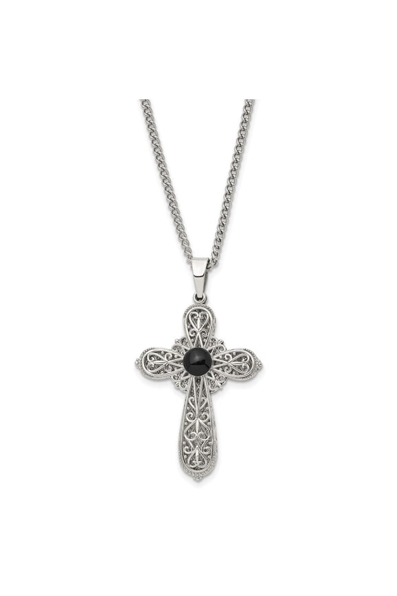Fine Jewelry Stainless Steel Brushed and Polished Black Epoxy Pentecost Prayer Cross Pendant on a Curb Chain Necklace for Men 24"