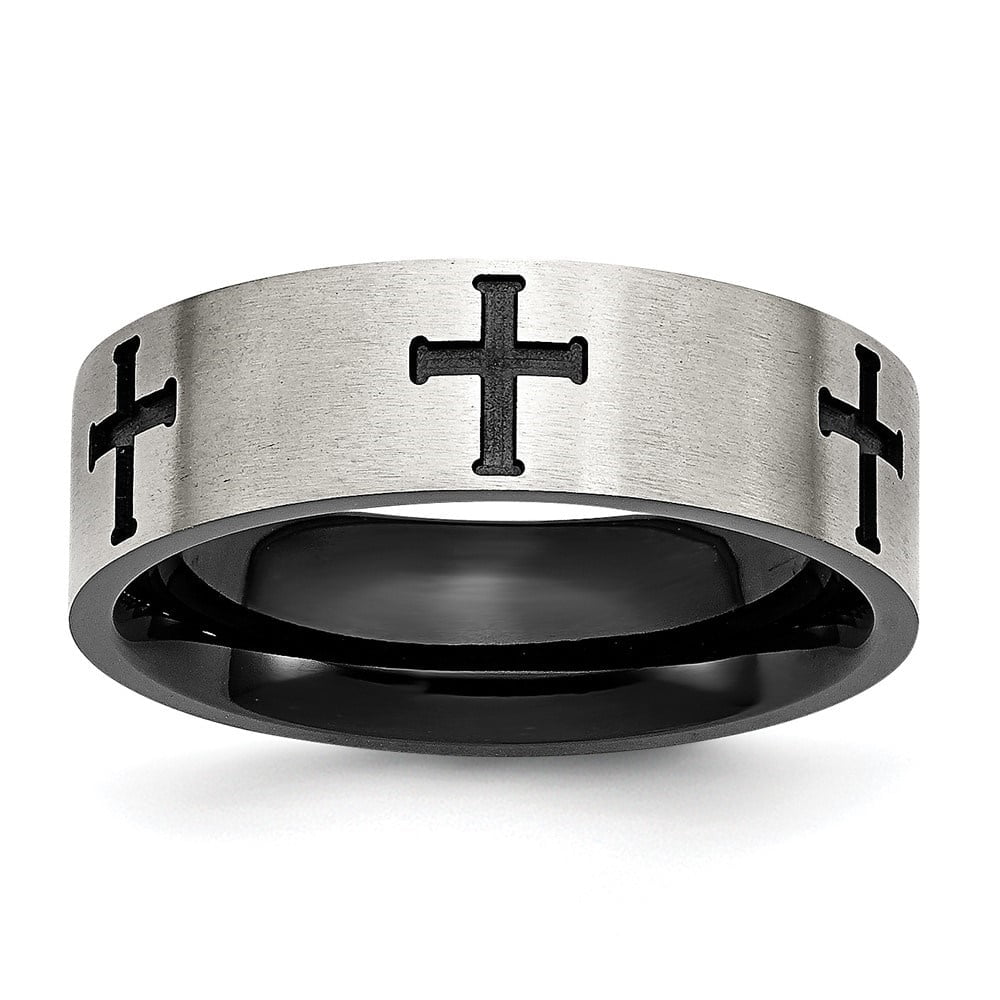 Stainless Steel Brushed Polished Black IP-plated Crosses 7mm Band Stainless Steel Brushed Polished Black IP-plated Crosses 7mm Band