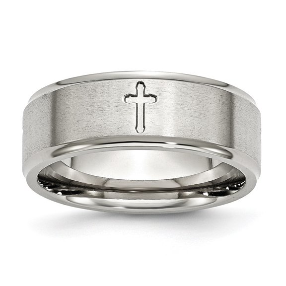 Auriga Stainless Steel Brushed and Polished Cross 8 mm Ridged Edge Band for Women Size 14