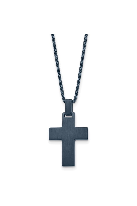 Fine Jewelry Stainless Steel Brushed Dark Grey IP-plated Cross on a Box Chain Necklace for Men 22"