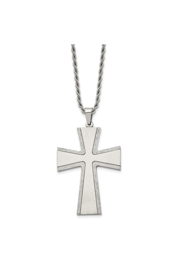 Fine Jewelry Stainless Steel Brushed with Laser-cut Edges Cross Pendant on a Rope Chain Necklace for Men 24"