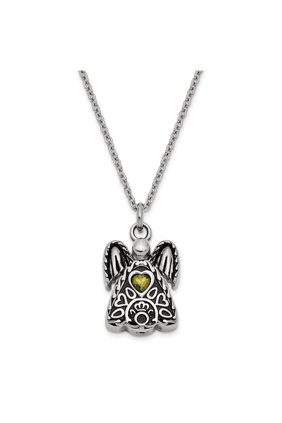 Stainless Steel Light Green CZ August Birthstone Antiqued Angel Ash Holder Necklace for Women 18"